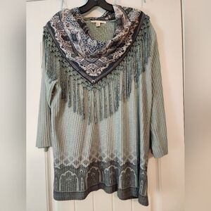 Cactus & Pearl Muted Green Tunic Optional Fringed Scarf XXL Soft Girl Western